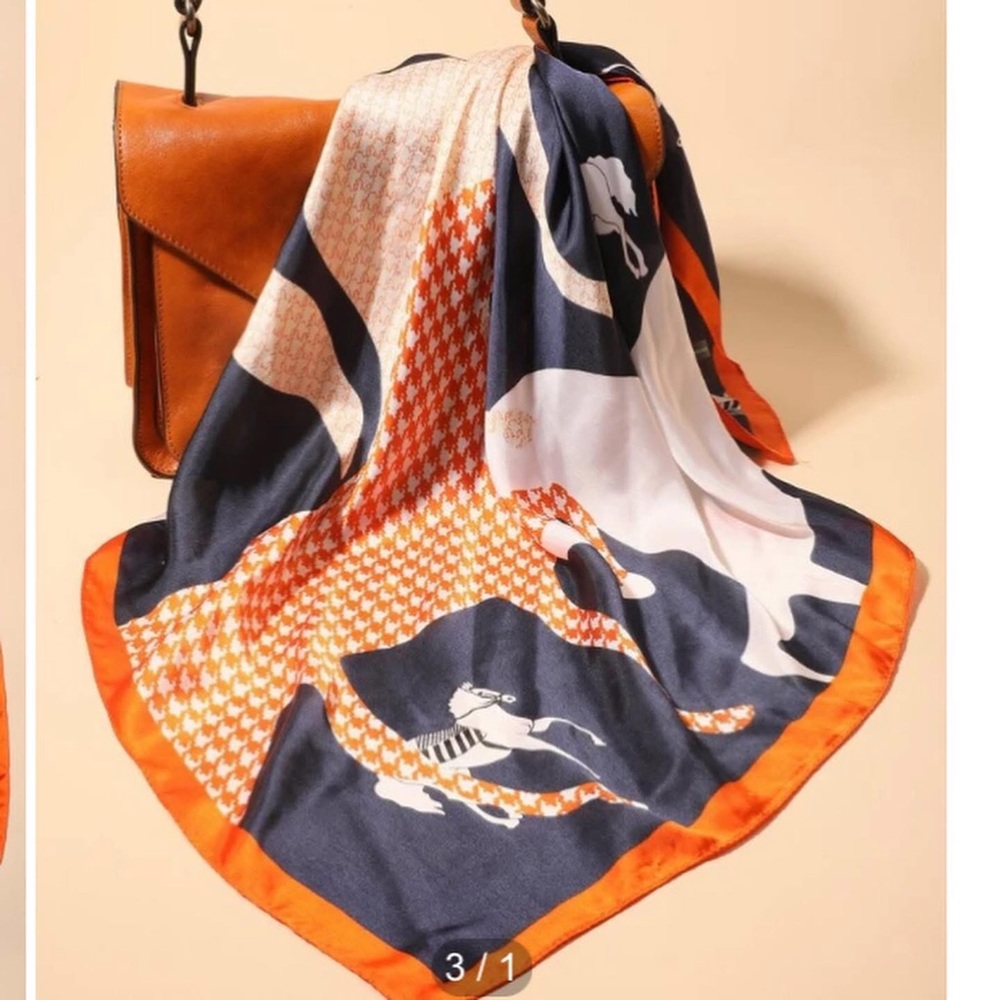 Designer Inspired Orange Navy Blue Silk Square Scarf